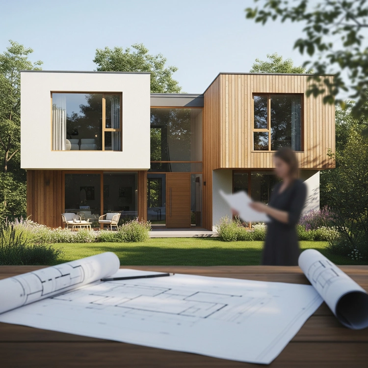 Moderní rodinný dům s dřevěnou fasádou a projektem v popředí